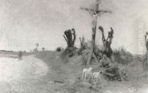 Rural Figures Resting Under A Wayside Cross by Sir David Murray
