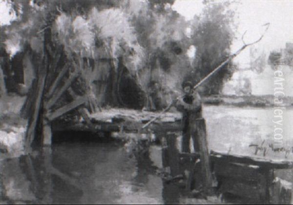 A Fisherman With His Net On The Bank Of The River - view 1
