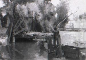 A Fisherman With His Net On The Bank Of The River