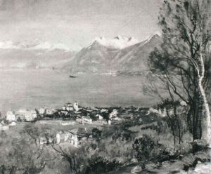 Italian Lake Landscape With Snowcapped Peaks Beyond by Sir David Murray