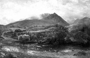 A Hay Cart Fording A River In A Highland Cottage by George Murray
