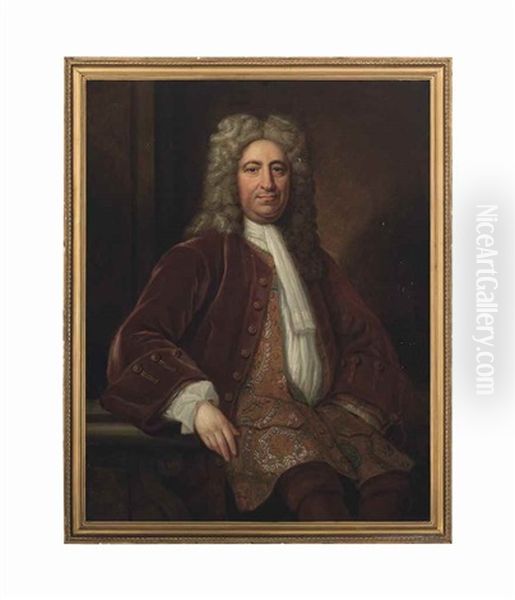 Portrait Of A Gentleman, Thought To Be A Member Of The Ward Family, Seated, In A Brown Coat, Gold Embroidered Waistcoat And A White Jabot, Resting His Right Arm On A Stone Pedestal - view 1