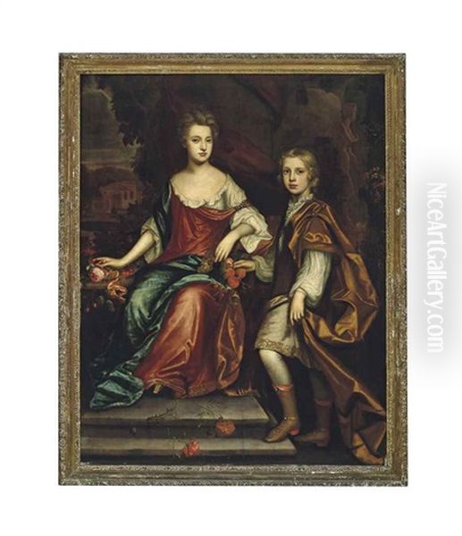 Portrait Of Charles Bertie (1678-1730) And His Sister Elizabeth Bertie (1675-1738), Later Lady Fitzwalter, Full-length, He In A Brown Cloak And She Seated In A Red Dress With A Blue Cloak - view 1