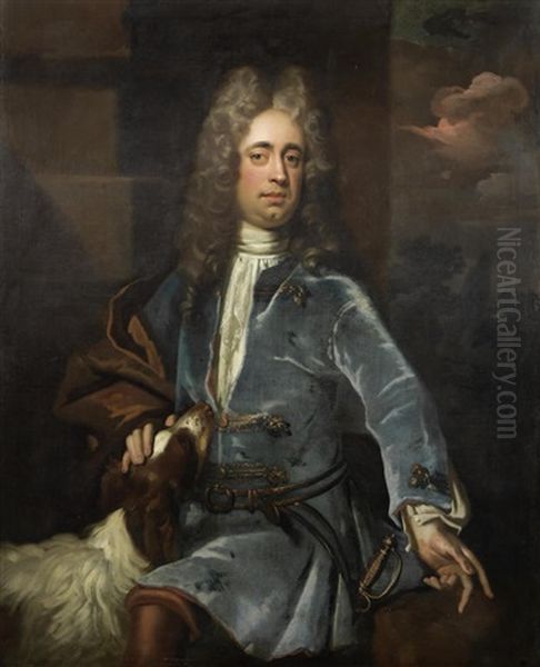 Portrait Of A Gentleman, Three-quarter-length, In Blue With His Dog By This Side, Seated Before A Landscape - view 1