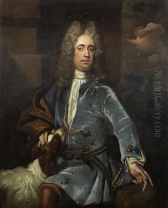 Portrait Of A Gentleman, Three-quarter-length, In Blue With His Dog By This Side, Seated Before A Landscape