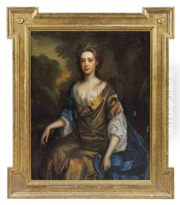 Portrait Of A Lady (nell Gwynne (1650-1687)?) In A Gold Silk Dress And Blue Wrap, In A Landscape by Thomas Murray