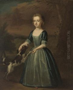 Portrait Of Miss Cresset, Standing In A Blue Dress With Lace Apron, A Spaniel At Her Side