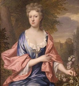 Portrait Of A Lady In A Blue Dress With A Salmon Pink Wrap, Picking A Flower, A View To Palace Garden Beyond