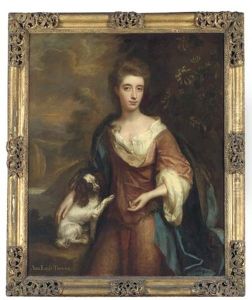 Portrait Of Anne, Lady Trevor In A Pink Dress With Blue Cloak, Her Right Hand Resting On A King Charles Spaniel, A Wooded River Landscape With A Castle Beyond