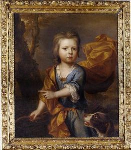 Portrait Of A Young Boy Holding A Bow And A Quiver Of Arrows, In A Blue Tunic And Orange Cloak, With A Spaniel At His Side