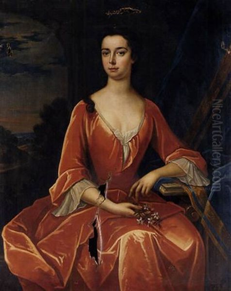 Portrait Of A Lady, (the Wife Of Captain Hercules Baker?), In A Red Dress, Holding Flowers In Her Right Hand - view 1