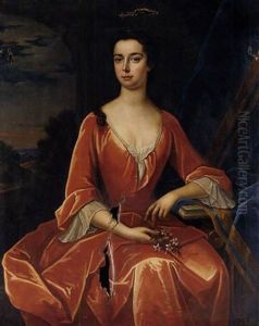 Portrait Of A Lady, (the Wife Of Captain Hercules Baker?), In A Red Dress, Holding Flowers In Her Right Hand