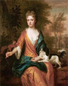 Portrait Of A Lady Seated With Her Dog In A Landscape, Wearing A Gold Dress And Blue Robes Portrait Of A Lady Seated With Her Dog In A Landscape, Wearing A Gold Dress And Blue Robes