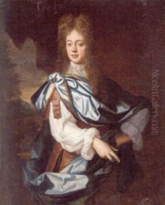 Portrait Of A Gentleman Wearing A Red Coat, A White Shirt And A Blue Cape, Before A Curtain, A Landscape Beyond