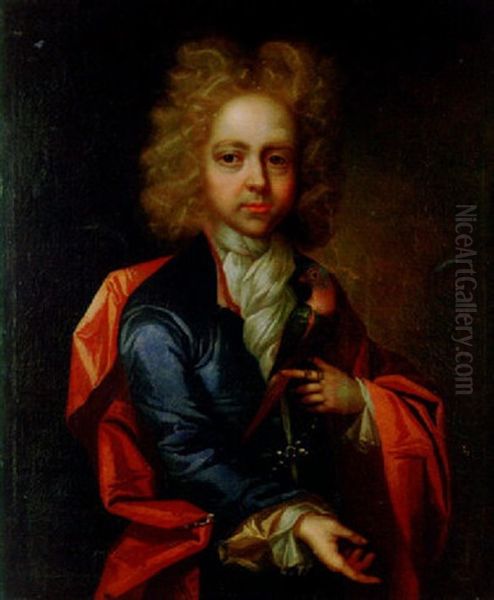 Portrait Of A Small Boy Wearing A Blue Coat And Red Sash, Holding A Parrot - view 1