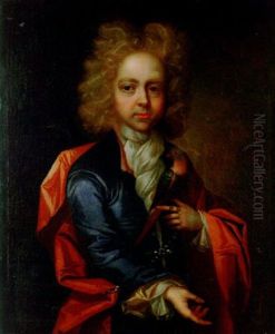 Portrait Of A Small Boy Wearing A Blue Coat And Red Sash, Holding A Parrot