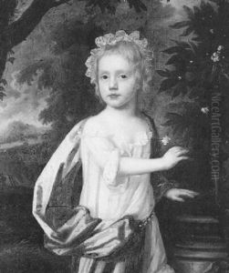 Portrait Of A Small Child Standing By A Flowering Orange Tree In A Landscape, Wearing A White Dress And Blue Sash