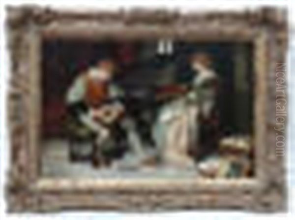 Medieval Musicians A Girl At A Harpsichord And A Man With Lute - view 1