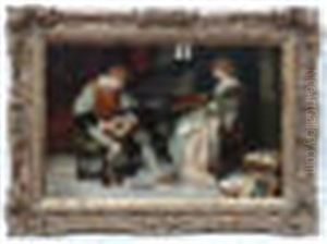 Medieval Musicians A Girl At A Harpsichord And A Man With Lute by Francis Sydney Muschamp
