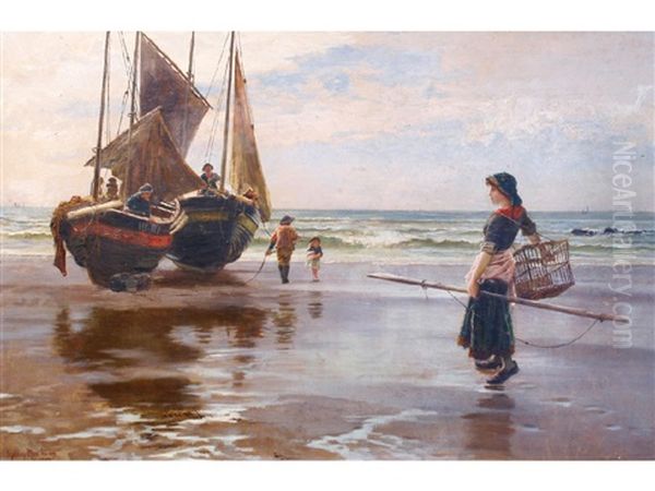 A Girl With A Fishing Net Beside Boats On A Shoreline - view 1
