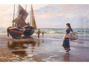 A Girl With A Fishing Net Beside Boats On A Shoreline A Girl With A Fishing Net Beside Boats On A Shoreline