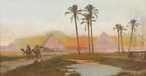 Agypter Mit Kamelen Vor Den Pyramiden Von Gizeh