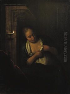 A Young Woman De-fleeing Herself In A Candlelit Interior by Michiel van Muscher
