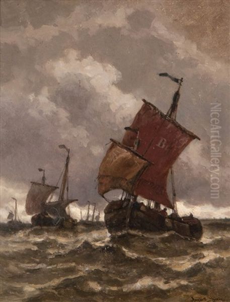 Fishing Boats At Sea Under A Dark Sky - view 1