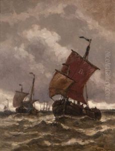 Fishing Boats At Sea Under A Dark Sky by Auguste Henri Musin
