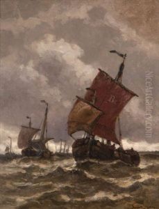 Vissersboten Op Volle Zee Bij Grijze Hemel Vissersboten Op Volle Zee Bij Grijze Hemel