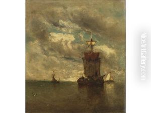 The Mouth Of The Scheldt, Boats In Calm Waters by Auguste Henri Musin