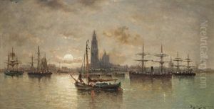 Voiliers Devant La Rade D'anvers Au Clair De Lune