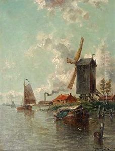 Belebter Kanal Mit Gehoft Und Windmuhle Belebter Kanal Mit Gehoft Und Windmuhle