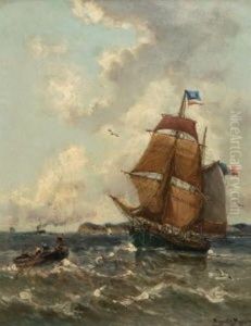 Zweimaster Mit Beiboot Auf Bewegter See