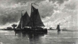 River-vessels At Full Sail Off The Coast Of Antwerp(?) by Auguste Henri Musin