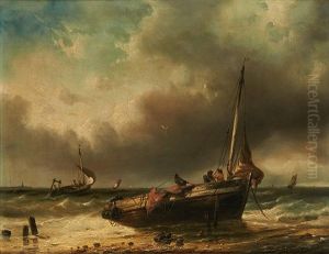 Retour De Barque De Peche Sur La Plage by Francois-Etienne Musin