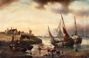Anlandende Fischer Am Hafen by Francois-Etienne Musin