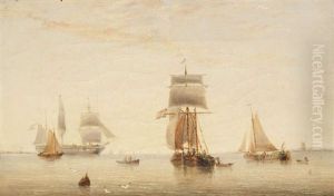 Marine Avec Trois-mats Et Voiliers A L'ancre by Francois-Etienne Musin