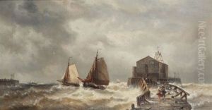 Pecheurs Sur L'estacade Par Temps Orageux, Paire De Bateaux Tout Pres Et Bateau A Vapeur A L'arriere-plan Pecheurs Sur L'estacade Par Temps Orageux, Paire De Bateaux Tout Pres Et Bateau A Vapeur A L'arriere-plan