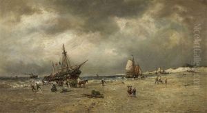 Strandszene Mit Anlandenden Fischerbooten by Francois-Etienne Musin