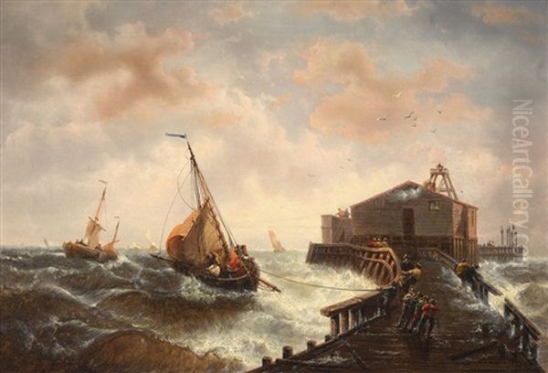 Segelboote Auf Sturmischer See Vor Einem Pier - view 1