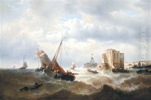 Schepen Op Woelige Zee by Francois-Etienne Musin