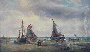 Coastal Scene With Fisherfolk By Their Boats At Low Tide (+ A Print Of The Same Scene; 2 Works) by Francois-Etienne Musin