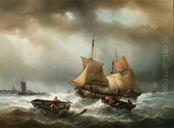 Paysage Cotier Avec Pecheurs Sur Une Mer Agitee - view 1