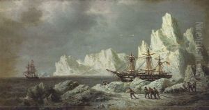 Fin De L'hivernage De L'expedition Arctique De Sir John Franklin En 1847, Ses Deux Navires, "l'erbus" Et "le Terror", Franchissant La Banquise Au Cap Victory by Francois-Etienne Musin