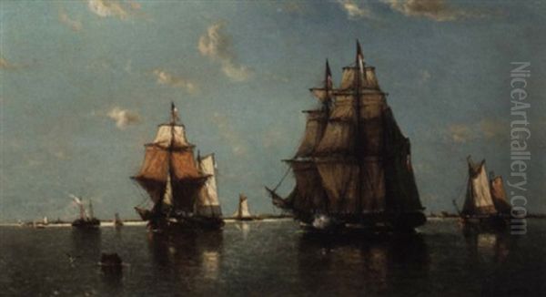French Shipping Off The Coast In A Light Breeze, The Barque Firing A Warning Shot To The Two-masted Trader Crossing Her Path - view 1
