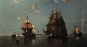 French Shipping Off The Coast In A Light Breeze, The Barque Firing A Warning Shot To The Two-masted Trader Crossing Her Path