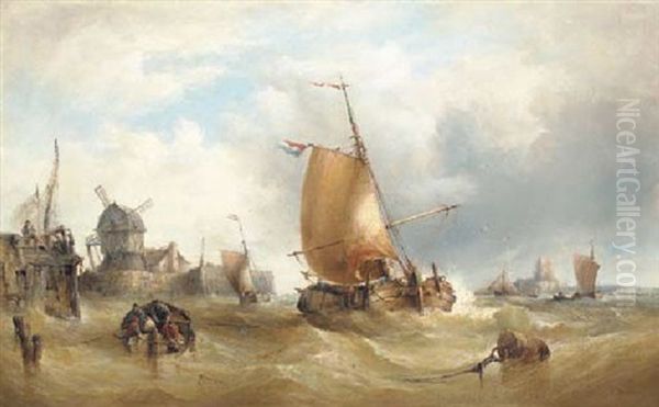 Dutch Fishing Boats Off A Coast With A Castle In The Distance - view 1