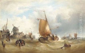 Dutch Fishing Boats Off A Coast With A Castle In The Distance by Francois-Etienne Musin