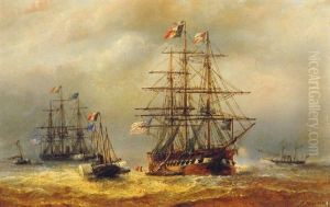 Merchant Ships, A Steamboat And A Pilot Vessel In A Choppy Sea by Francois-Etienne Musin